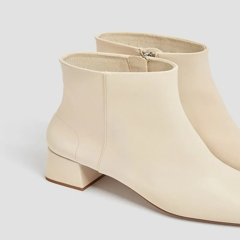 Women's Ecru Square Toe Heeled Ankle Boots 11102641