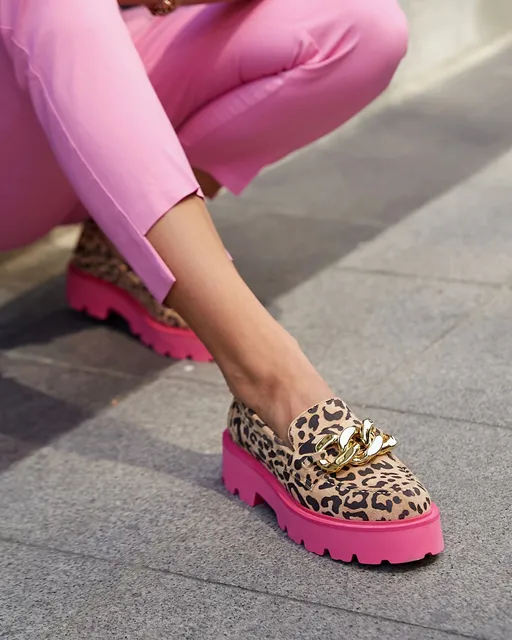 Pink Sole Leopard Genuine Leather Genuine Suede Loafer 2021 Punk Design Shoes Women Spring Autumn Platform Shoes Round Toe Slip 5