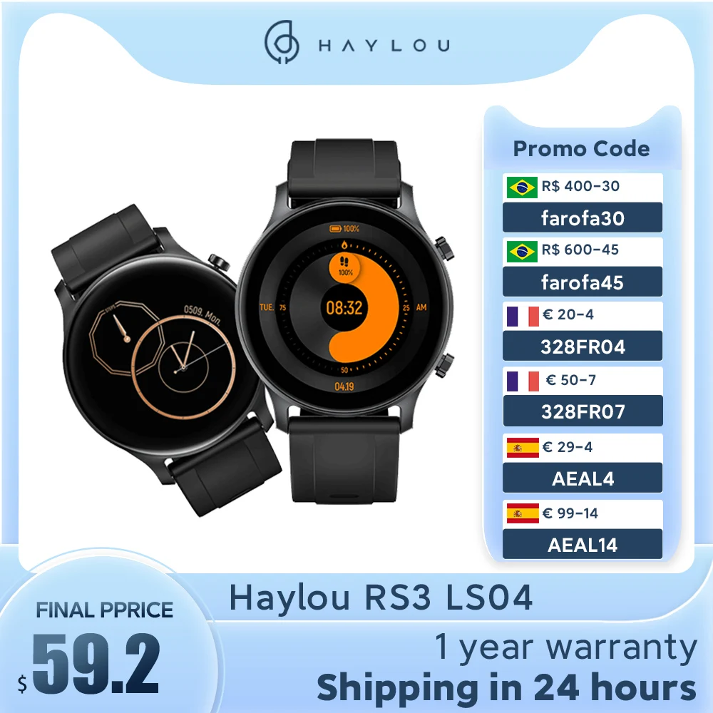 Смарт-часы Haylou RS3 LS04 с AMOLED-экраном GPS водонепроницаемые до 5 АТМ спортивные для