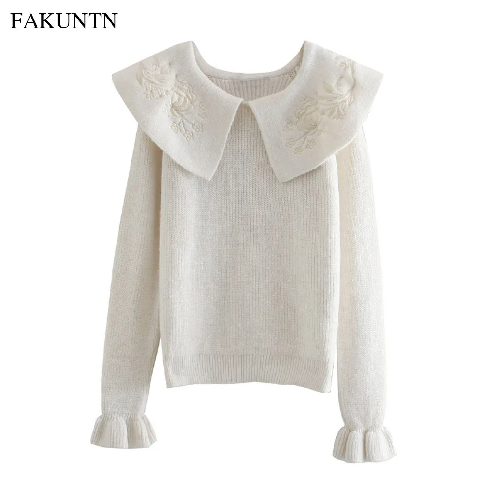 

Women Knit Sweater Long Sleeve Pullover Women Clothing 2020 Autumn Winter Vintage Embroidery Print Pattern Knitted Sweaters Top
