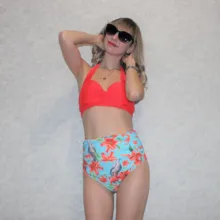Bikini femenino con cuello Halter y cintura alta, traje de baño con cuello halter y cintural alta con estampado floral en talla XXL