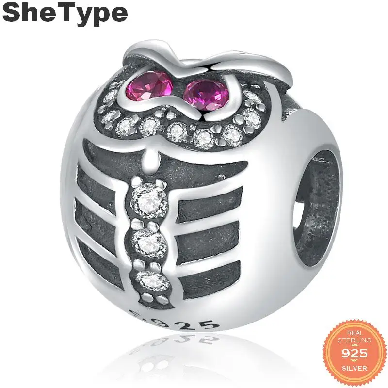 

SheType Owl Pink Cubic Zirconia 2.5g Charm Silver 925 Sterling Silver Japan and South Korea Style Charms Jewelry DIY 2019