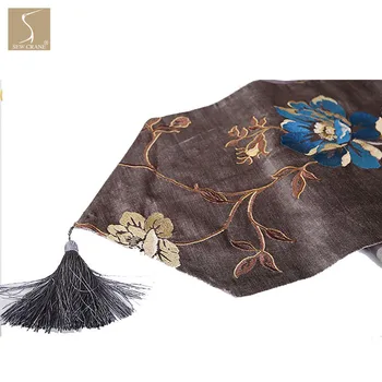 

Abstract Flower Vine embroidered Floral Table Runner with Tassel, Brown