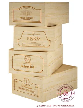 

Lote 4 cajas de madera para 12 botellas de vino / Logos Variados. Medidas: alto 19/35/54 cm fondo.