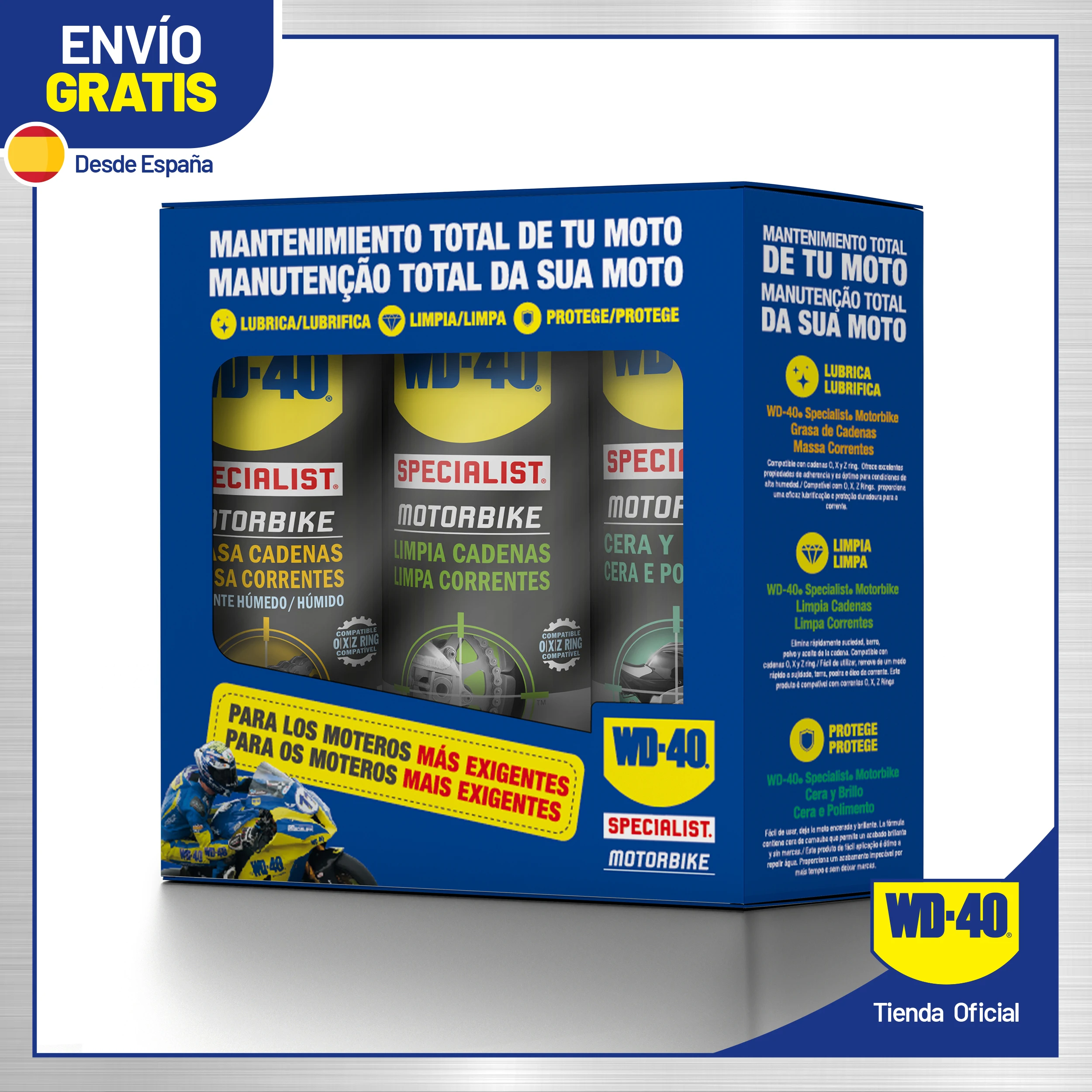 WD-40 Tripack WD-40 Specialist Motorbike Pack mantenimiento total de Moto,  Lubricante Cadenas + Limpia Cadenas + Cera y Brillo, Óptimo para ambientes  Secos, Multicolor, Caja de 3 : .es: Coche y moto