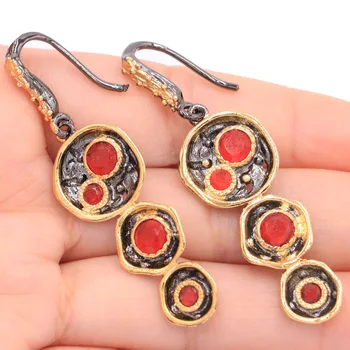 

54x15mm Sublime Antique Vintage Real Red Ruby Created Pink Tourmaline Black Gold Silver Earrings