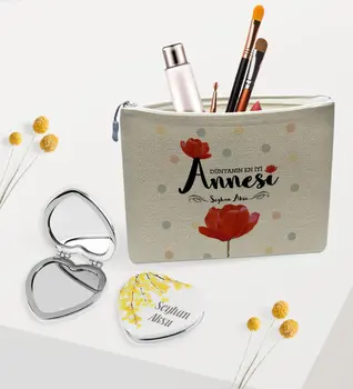 

Personalized World Best Mother Linen Makeup Bag and Heart Mirror Gift Seti-10