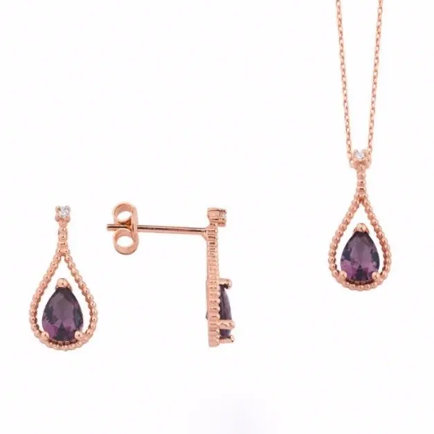 

Tiny Water Drop Amethyst Silver Necklace Earrings Set Suit