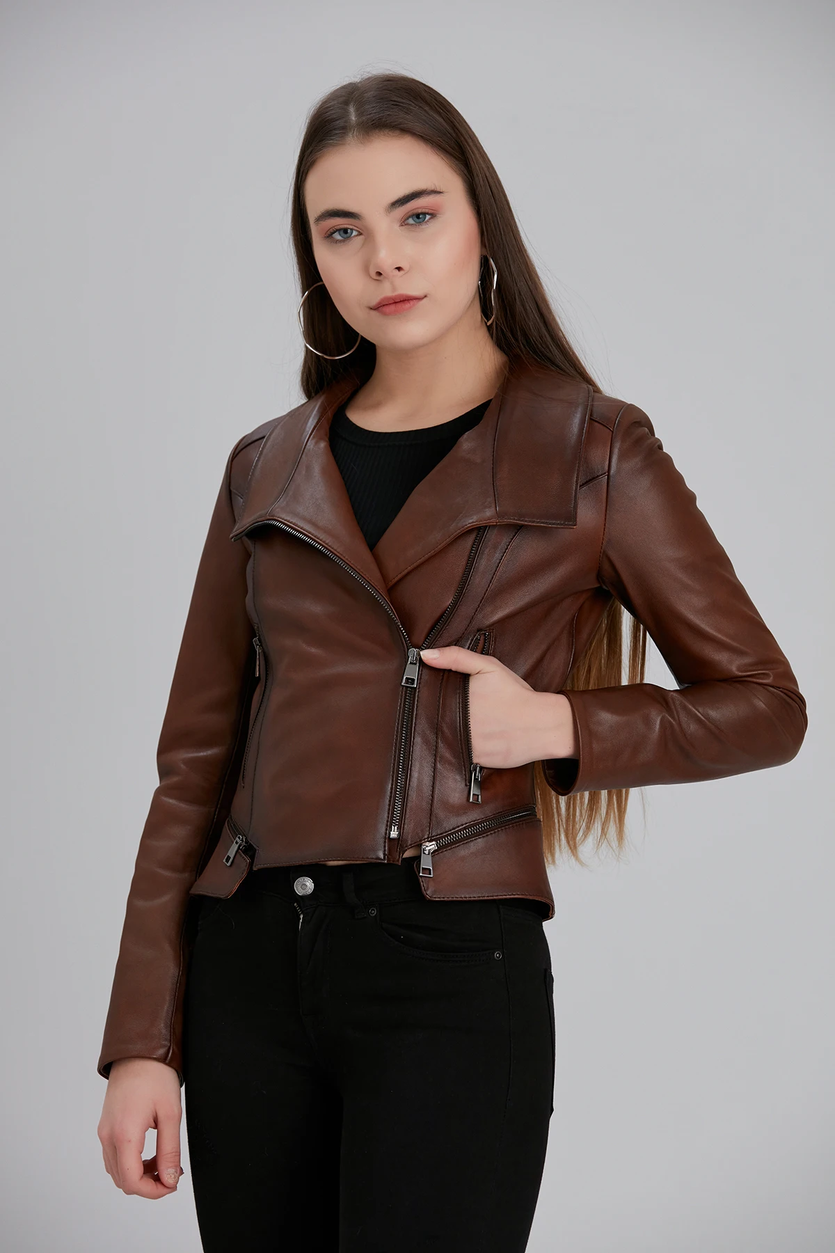 

Genuine Leather Women's Lambskin Jacket,Brown Casual Coat,Luxery,Biker,Outwear,Zipper Closure,Long Sleeve,Slim Fit Clothing,