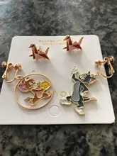 Pendientes con diseño de gato y ratón para mujer, aretes largos y salvajes con Clips para las orejas, joyería sencilla
