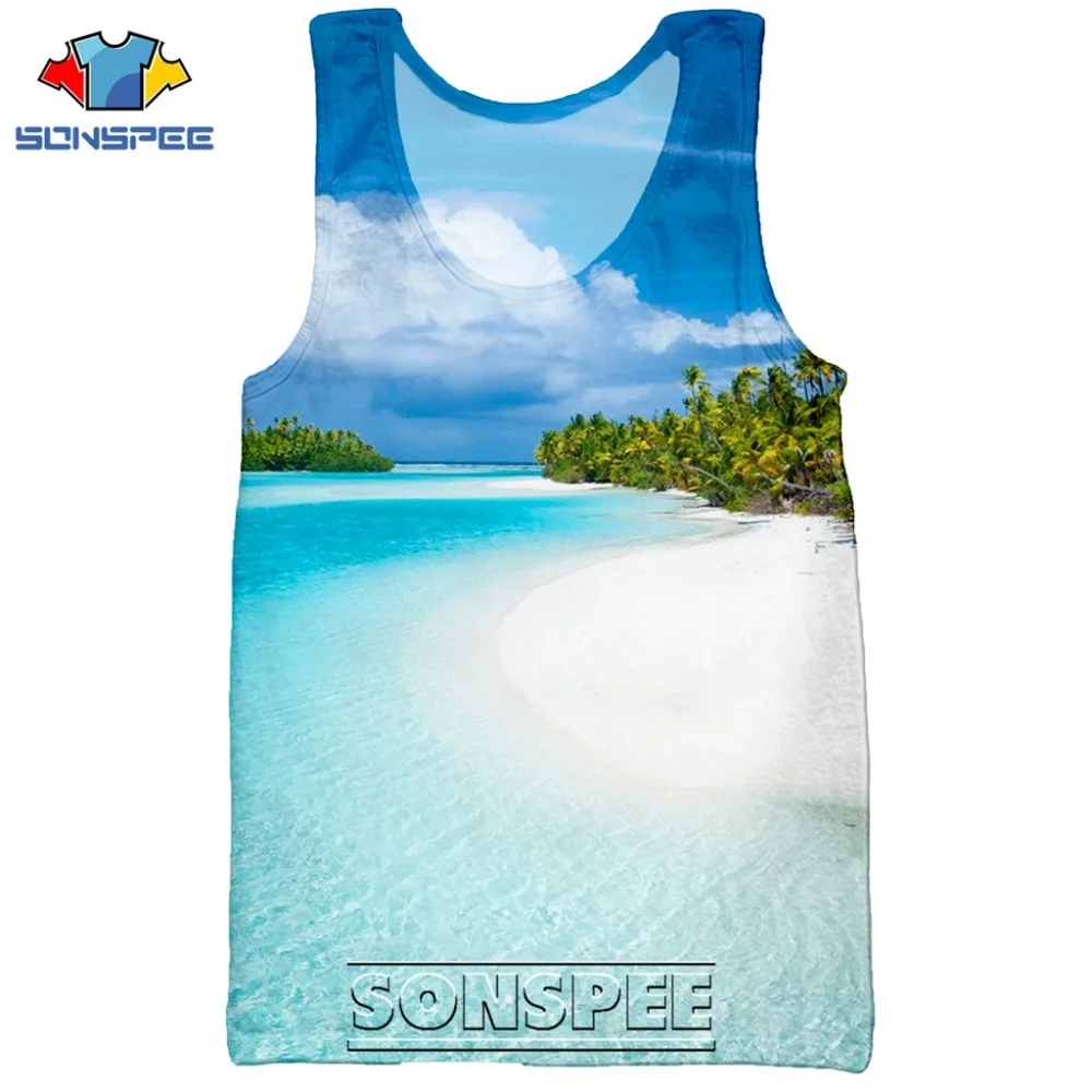 SONSPEE 3D Print Palm Tree Summer Beach Sea Men's Tank Tops Casual Fitness Bodybuilding Gym Muscle Men Sleeveless Vest Shirt