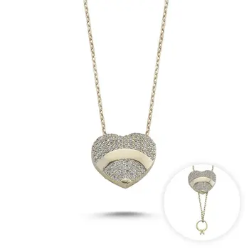 

Angemiel 925 Silver Zircon Stone Inside Engagement Secret Heart Necklace-Gold Plated