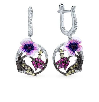 

Silver earrings with corundum, cubic zirconia and enamel sunlight sample 925