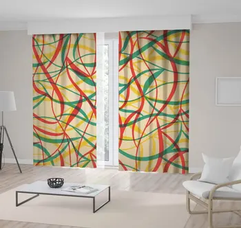 

Curtain Curvy Wavy Lines Abstract Artwork Vintage Colors on Beige Background Red Mustard Green