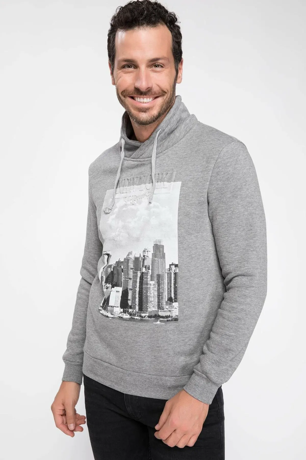 

DeFacto Man Gray Print Pattern Sweat Shirt Autumn Fashion Long Sleeves Stand Collar Casual Loose Pullovers Male - 1673AZ18CW