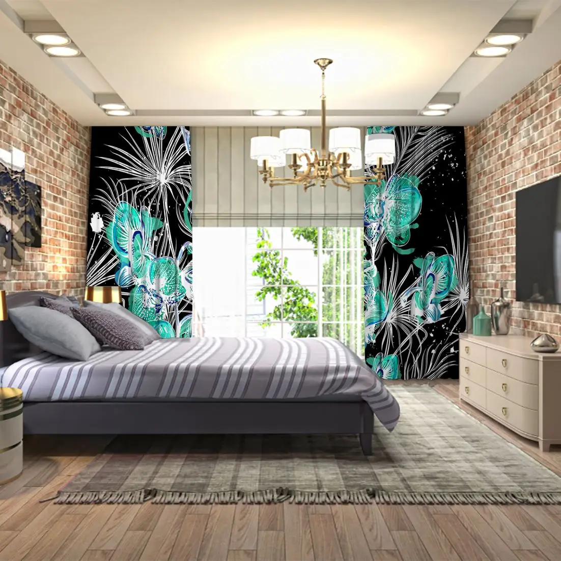 Orchid Flowers and Tropical Palm Leaves Branches Watercolor Style Artwork Turquoise White Black Curtain