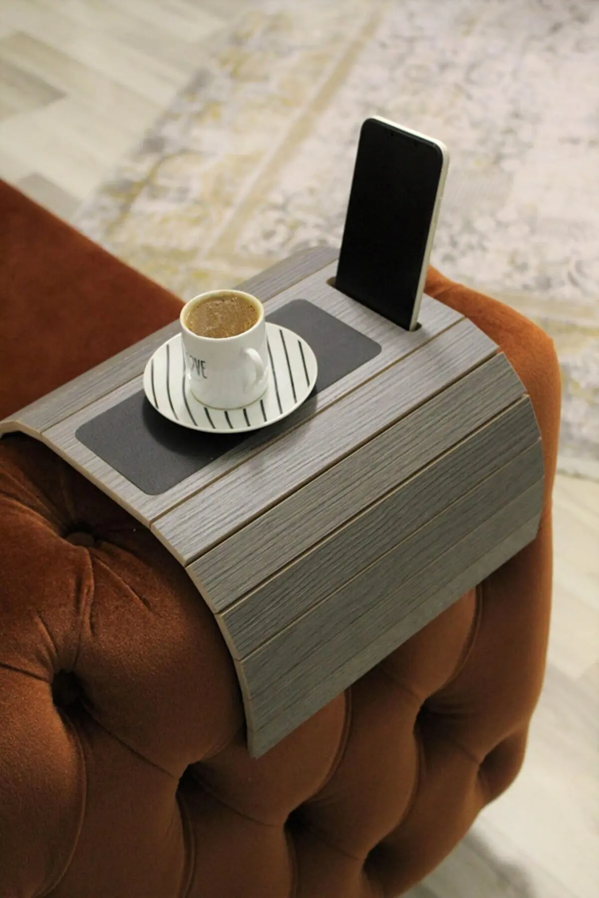 Wooden Side Table With Phone Stand Sofa Tray Mat 50x28 cm Placemat Center Leather Decorative Armrest  Non Slip Folding Design