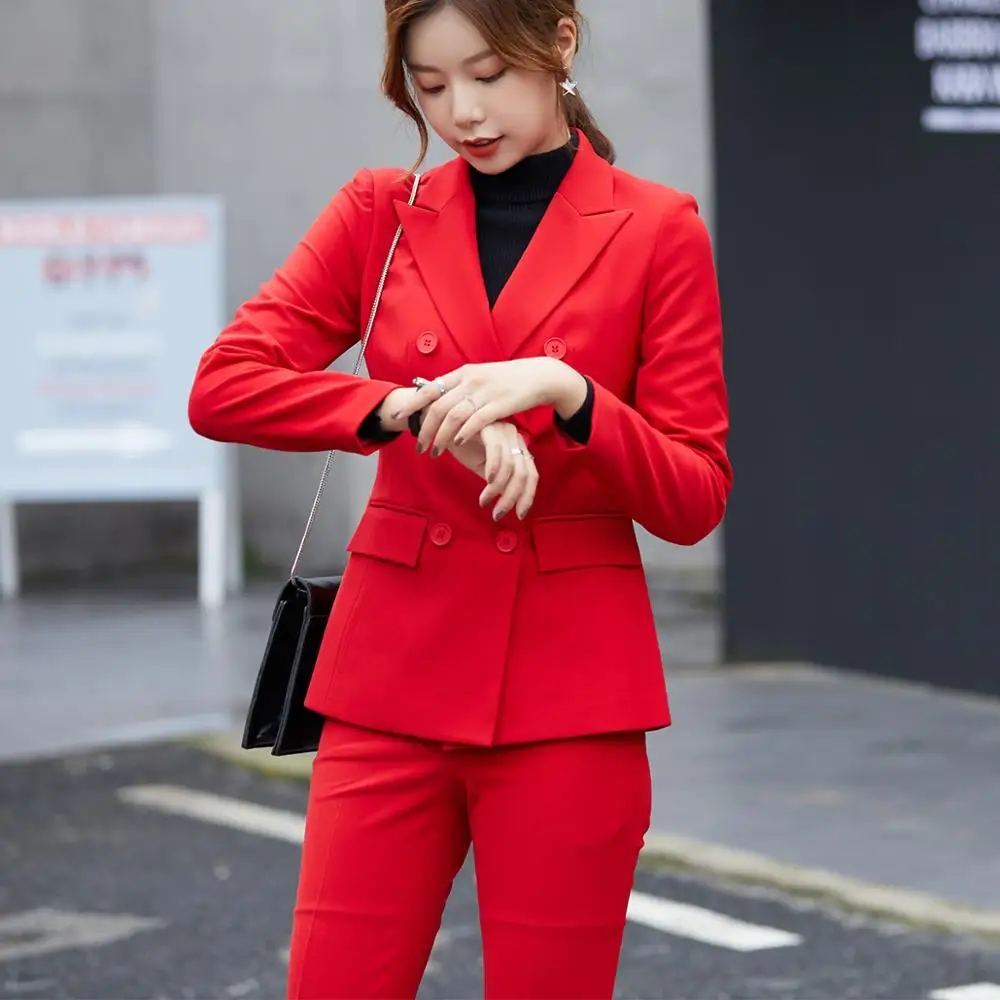 Women pant suit winter new arrival fashion triple breasted Jackets And Pant 2 Piece sets red gray black blazer suit