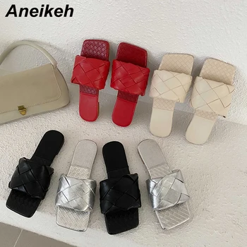 

Aneikeh Fashion New Designer Square Toe Mules Heels Weave Sandals Slippers Women Flat Heels Flip Flops Woman Slides Beach Shoes