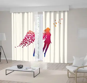 

Curtain Girl of Swarm with Flying Birds Wings Cheerful Dreamy Creative Orange Fuchsia Blue Artwork Print