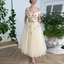 

Xijun Gorgeous Beige Prom Dresses Off the Shoulder A-Line Tea-length Beading Appliques Evening Gown Formal Dress with Pockets