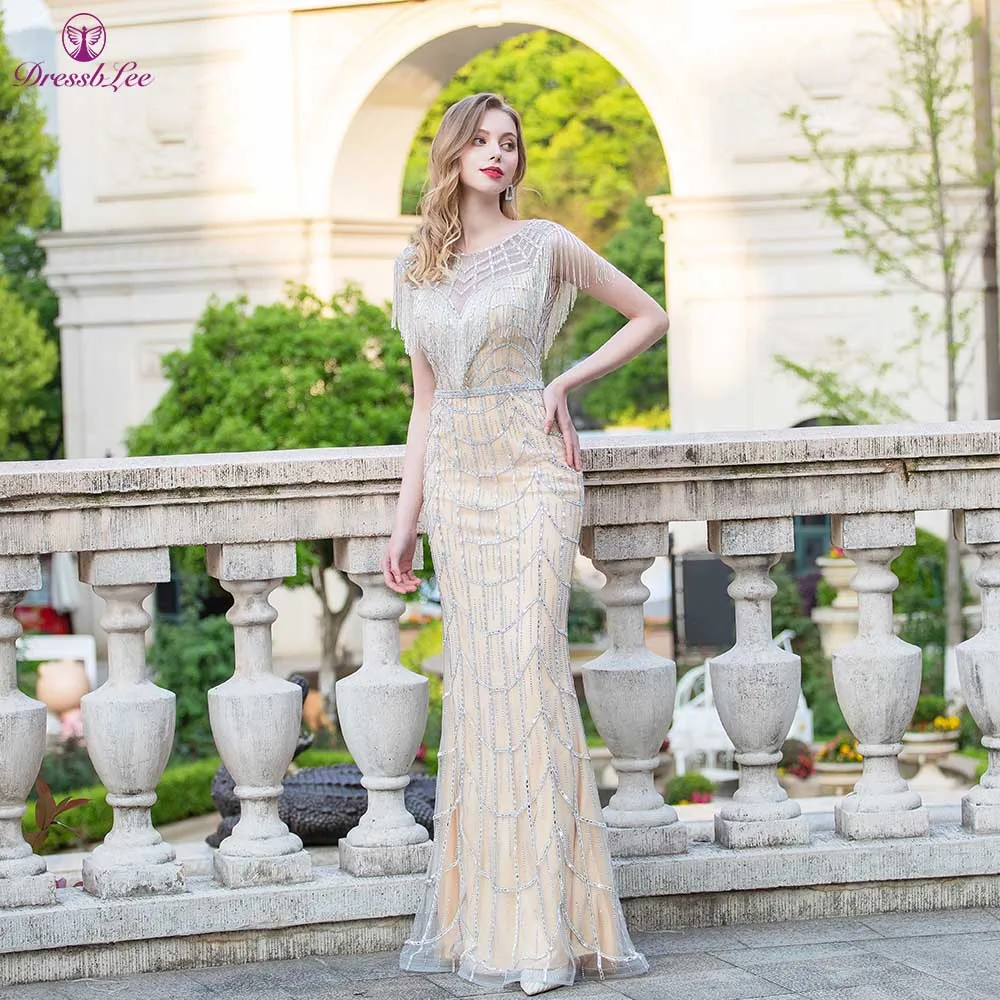 

DressbLee Silver Mermaid Banquet Dress Crew Neck Tasseled Full Bead Glitter Diamond Striped Long Dress Sexy Formal Prom Dress