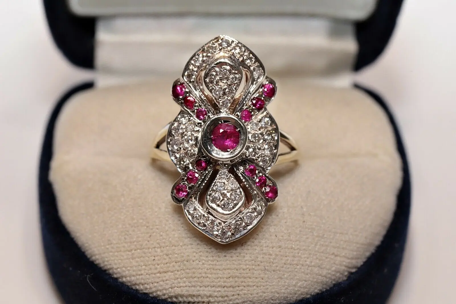 

OLD NAVETTE NATURAL DIAMOND AND CALIBER RUBY DECORATED PRETTY VINTAGE RING