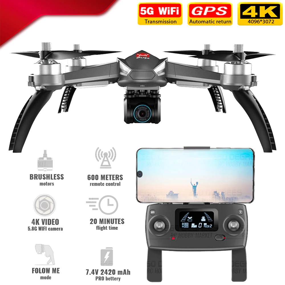 Dron MJX Bugs B5W 4K con GPS (mejorado), cuadricóptero sin escobillas, 4K, 5G, WiFi, cámara FPV, retorno automático, MJX b5w