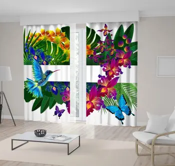 

Curtain Tropical Orchid Flowers Leaves Birds and Butterflies Exotic Nature in Bright Colors Fuchsia Green Yellow