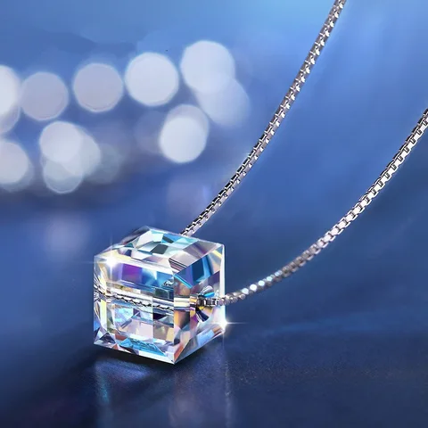 Cube Crystal Necklace For Women Silver Color Zirconia Pendant Necklace Summer Clothing Clavicle Chain Party Jewelry