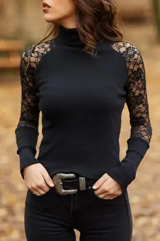 

BEYON WOMEN'S BLOUSE BLACK SLEEVES LACE DETAILED FISHING COLAR 2020 TOP FASHION DRESS ELEGANT SOFT COTTON CHIC VISTAGE SIZE