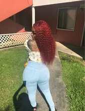 Pelucas frontales de encaje de cabello humano Borgoña, prearrancadas, rizadas, con encaje frontal, densidad completa del 200%, 99j pelo rizado, nudos blanqueados