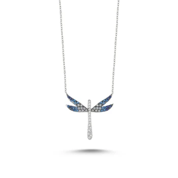 

KUTAYDAN Blue Grayscale Nano Stone Dragonfly Pendant 925 Sterling Silver