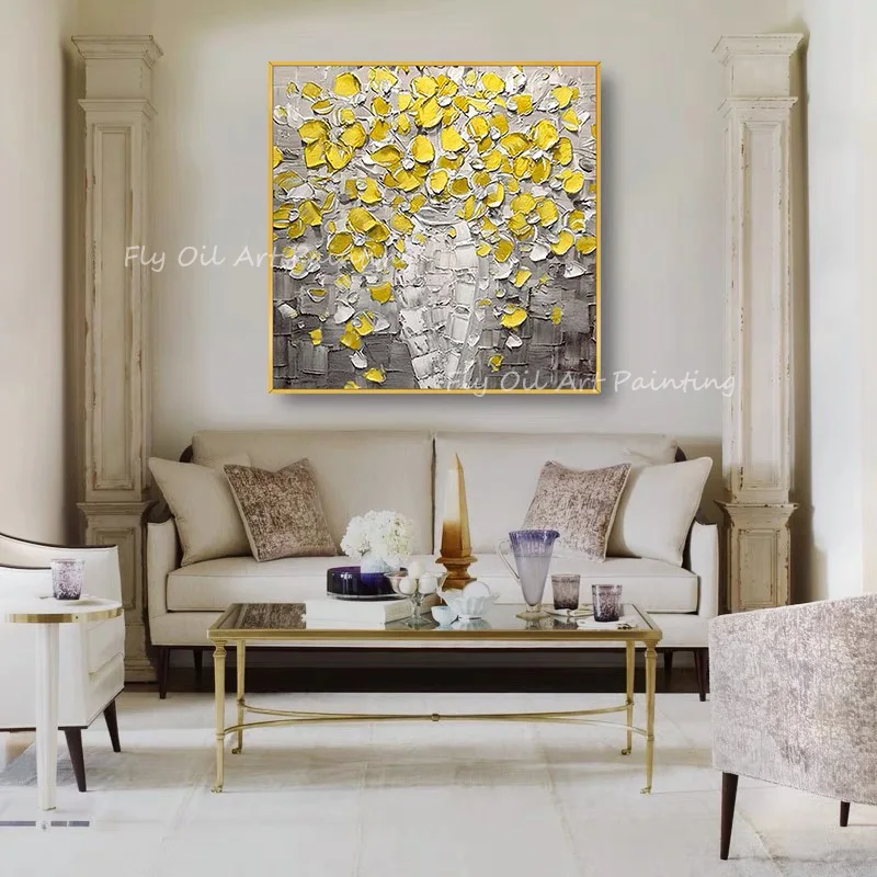 

100% hand painted square picture yellow flower thick knife artwork Oil Painting on Canvas Art Classic Cuadros Home Decoration