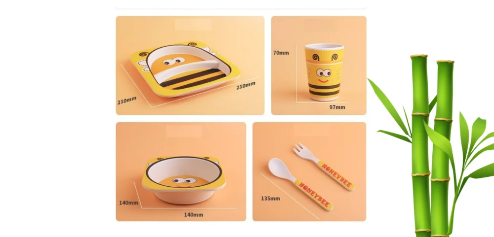 Bamboo tableware, dinner set for children, 5in1, eco-friendly tableware, bamboo fiber, for kids, gifts, Cosmos, Bee, Batman