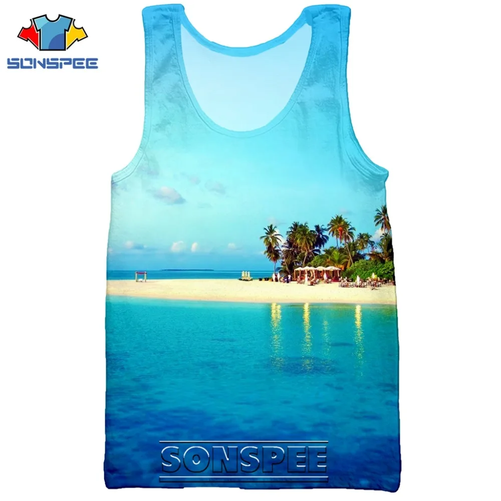 SONSPEE 3D Print Palm Tree Summer Beach Sea Men's Tank Tops Casual Fitness Bodybuilding Gym Muscle Men Sleeveless Vest Shirt