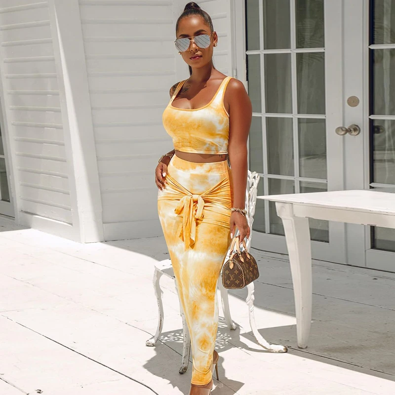 2 Pieces Suit Set Women’ s Tie-Dye Print U-Neck Sleeveless Crop Top and Long Skirt Red/Blue/Pink/Yellow | Женская одежда
