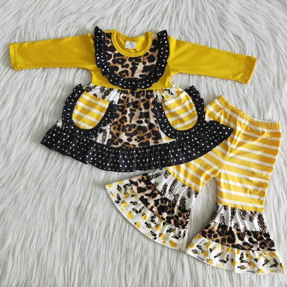 

RTS baby clothes fashion long sleeve pocket design little girls children kids boutique leopard wild outfits clothing sets bell