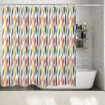 

Shower Curtain Colorful Ikat Pattern in Red Navy Brown Art Classic, Asian Silk Fabric Style Prints