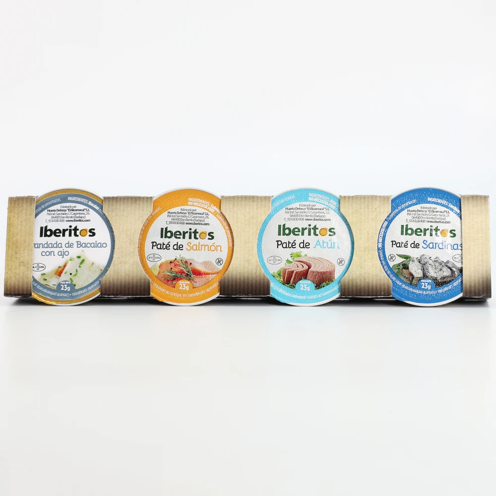 IBERITOS-10 Box PACK 5x23g-assorted fish Pates-Atun, salmon, cod, sardines + 1 afbeelding