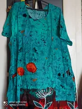 Cotton Linen Dresses Robe Short-Sleeve Patchwork Floral-Printed VONDA Women's Casual