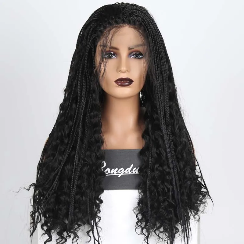 Dianteiras do Laço Resistente ao Calor Dianteira do Laço Sintético com Cabelo do Bebê Perucas de Cabelo de Fibra Preta para Mulher Rongduoyi Longo Trançado Perucas Peruca 4 High Quality Apliques e perucas
