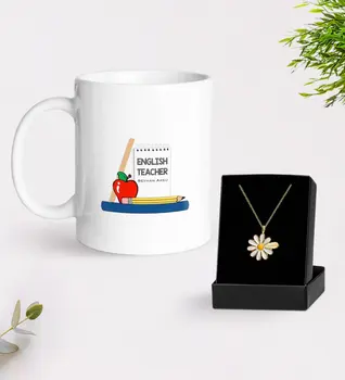 

Personalized English Teacher White Mug and Daisy Necklace Gift Seti-2