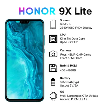 Глобальная версия Honor 9X Lite смартфон 4G 128G 48MP Камера Kirin 710 6,5 ''мобильный телефон Android P GPU Turbo 3,0 NFC