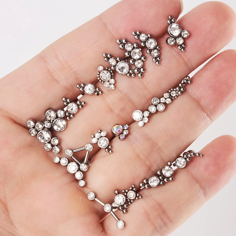 1PC G23 Titanium&Steel 16G CZ Gem Moon Labret Lip Bar Ring Crystal Flower Ear Cartilage Tragus Helix Piercing Screw Fit Top 16g