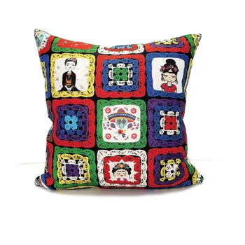 

Frida Kahlo Patchwork Pattern Digital Printed Decorative Pompom Pillow with Mesh Effect Cushion Cover Home Special Production