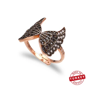 

Hot Sale 925 Sterling Silver Adjustable Ring Angel Wing Design Black Zircon Stone Turkish Handmade Mint Jewelry