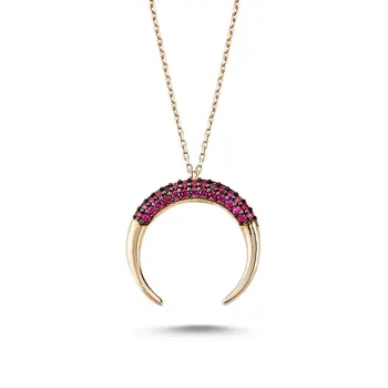 

Angemiel 925 Silver Pink Zircon Cubic Zirconia Reverse Crescent Necklace-Rose Gold Plated