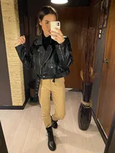 Jacket Short Winter Coat Faux-Leather Mozuleva Black Women Retro PU Turn-Down-Neck Loose