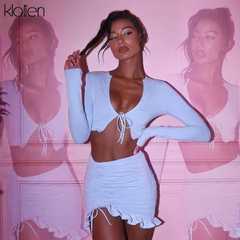 

KLALIEN fashion sexy bandage top and mini skirt two piece set office lady casual high street solid slim two piece skirt set